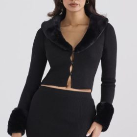 Blanche Black Faux Fur Trim Cardigan - Image 9