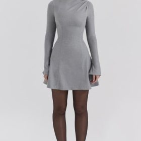 Angelique Grey A-Line Long Sleeve Mini  Dress - Image 7