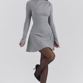 Angelique Grey A-Line Long Sleeve Mini  Dress - Image 8